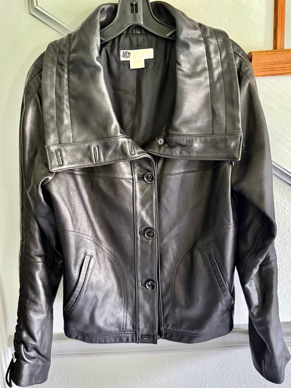 Michael Kors Leather Button-Front Jacket with draw strings around neck &  arms